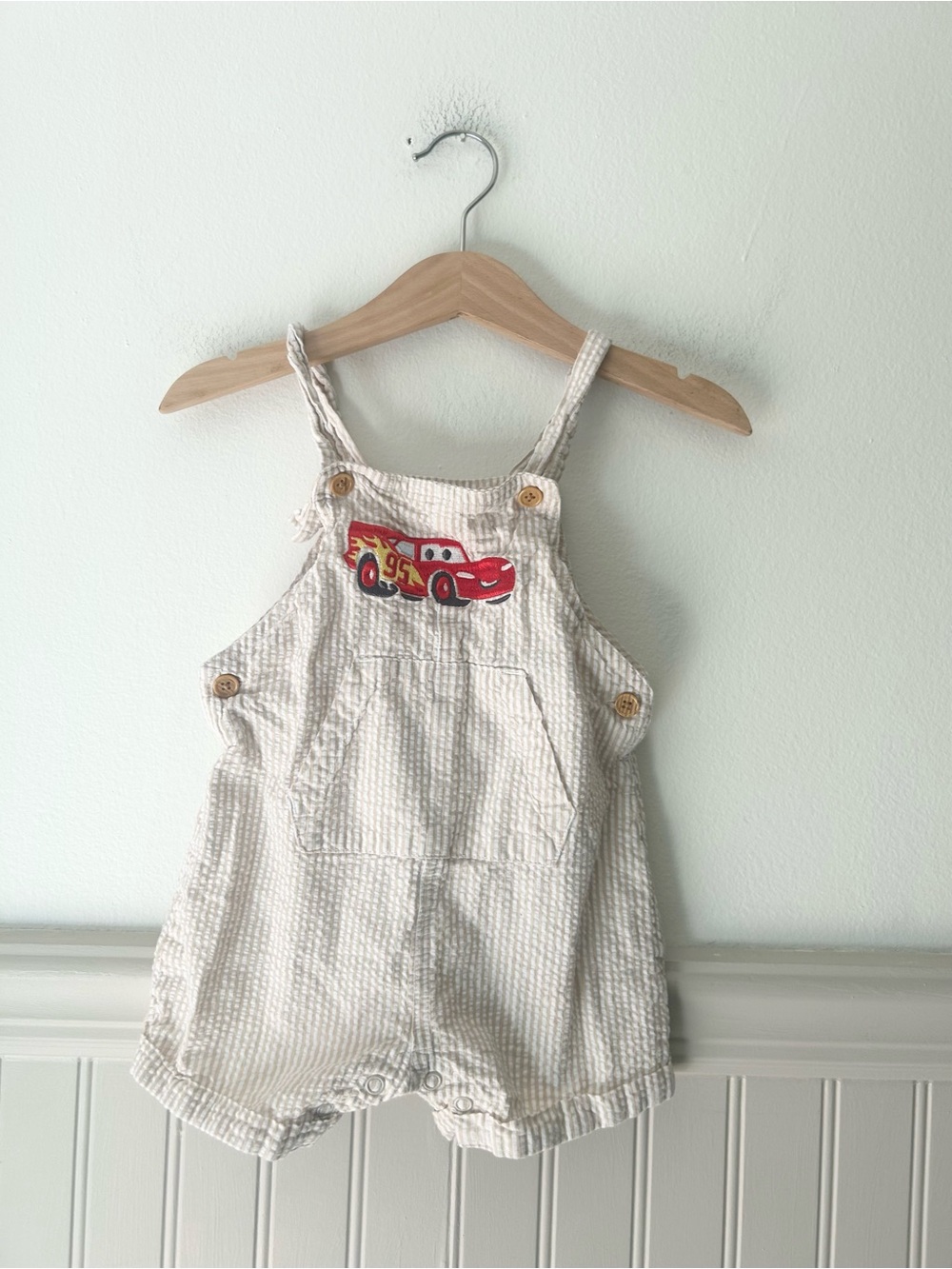 Disney Lightning McQueen Seersucker Short Overalls Baby 12M Embroidered